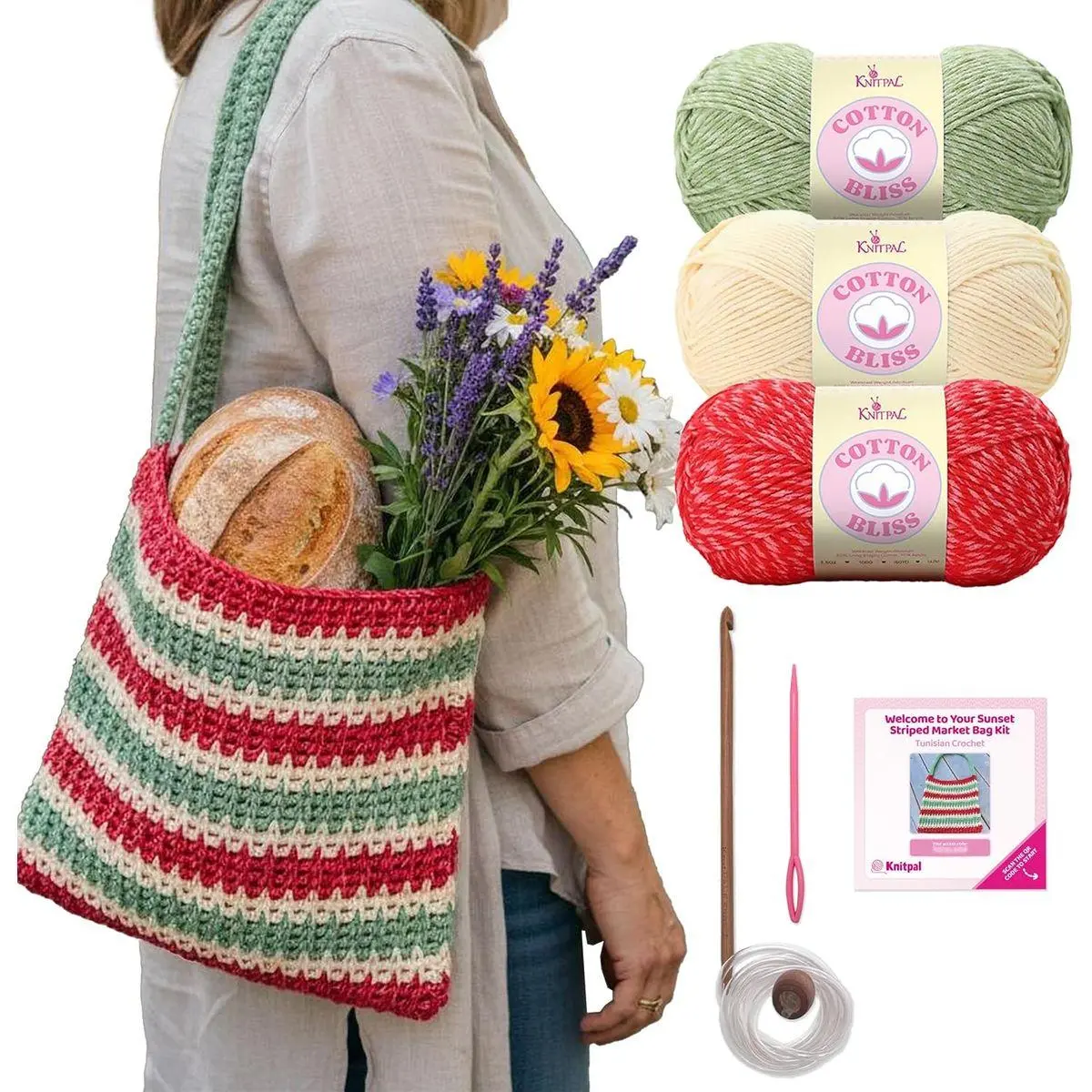 Sunset Striped Market Bag Tunisian Crochet Kit for Confident Beginners – Make a Reusable Market Tote – with Cotton Bliss Yarn, Tunisian Crochet Hook, Pattern & Video Tutorials