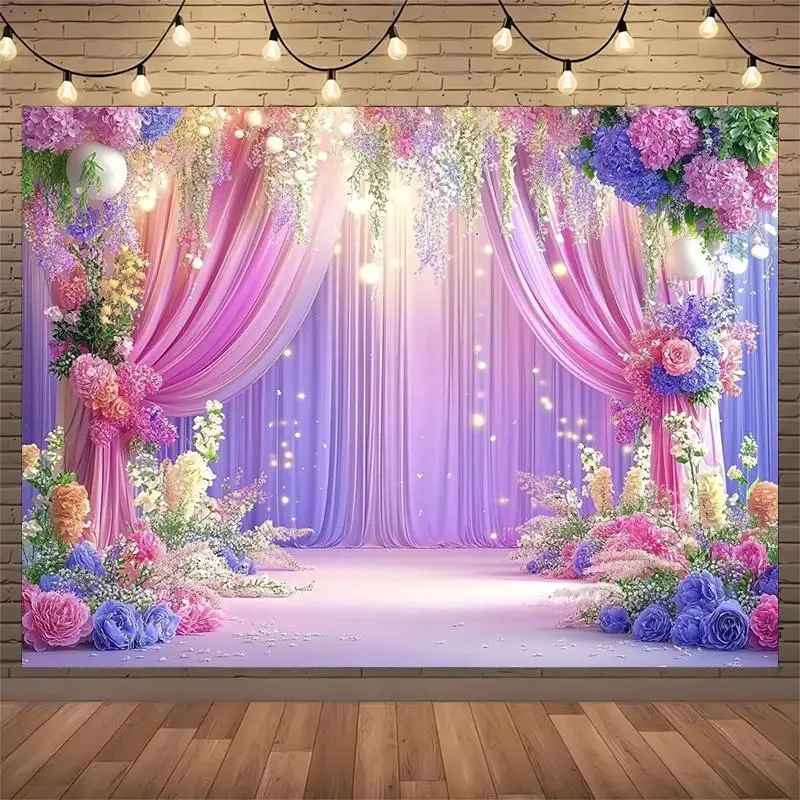 1-Count Polyester Weatherproof Flower Pattern Wedding Backdrop, Romantic Party Banner & Photo Prop for Indoor-Outdoor Home Festive Decor