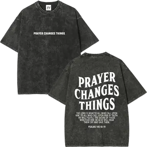 260g Heavyweight Vintage Washed Men's "Prayer Changes Things" Christian T-Shirt 100% Cotton DTG Print Breathable Moisture-Wicking Acid Washed Tee Psalms 145 Bible Verse Front & Back Print Oversized Faith Religious Streetwear Top Menswear Tshirt, Fluffy, N