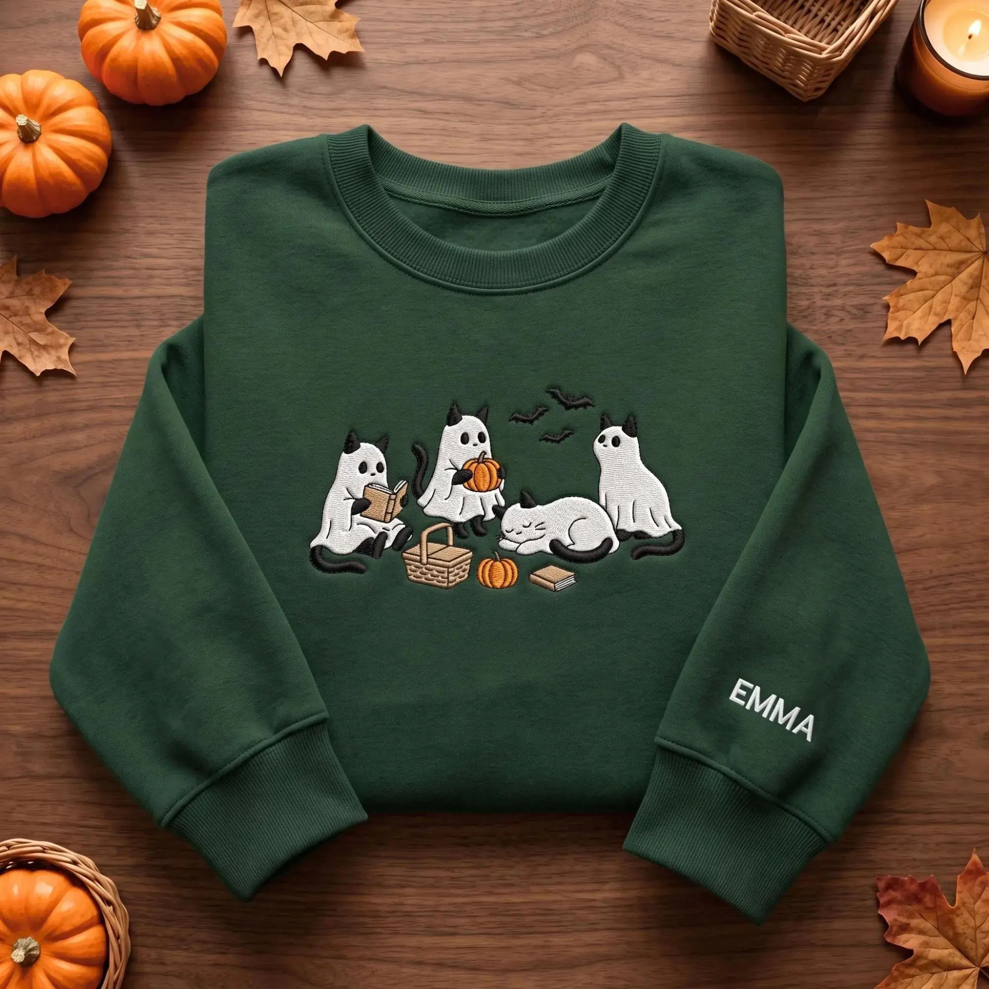 Custom Name Ghost Cat Embroidered Sweatshirt, Personalized Pumpkin Picnic Crewneck, Cute Halloween Sweater, Spooky Gift For Women, Feline Moms & Book Lovers