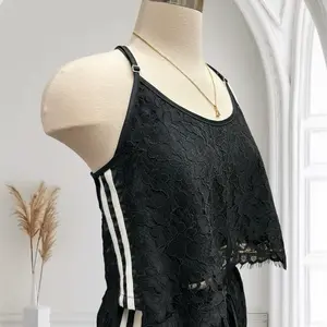 Set Fashionon - Black Lace Top with White Stripes on Sides and Necklace Included