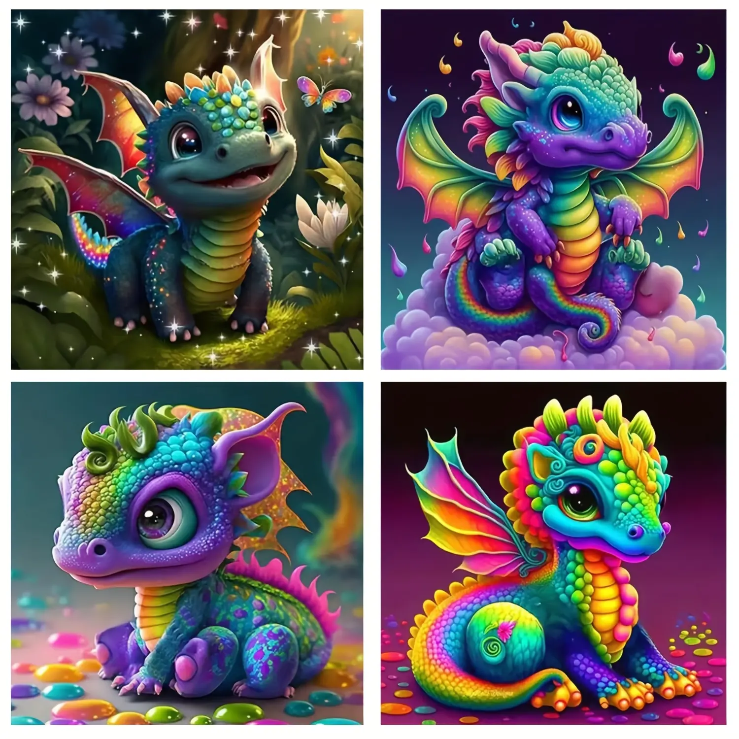 4pcs set 30X30CM(11.81X11.81 inch) Animal Cute Dragon DIY Diamond Painting Kits for Adults 5D Full Round Diamond Mosaic Emboridery Gift Diamond Art Kits Home Decor Wall Art summerwins