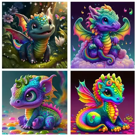4-Piece Set Adorable Dragon Design 5D Full Round Diamond Painting Kits, 30x30cm(11.81x11.81 inch), Stress-Relief DIY Needlework with Sticky Film Guard, Vibrant Color-Matched Diamonds, Home Decor & Office Gifts for Adults