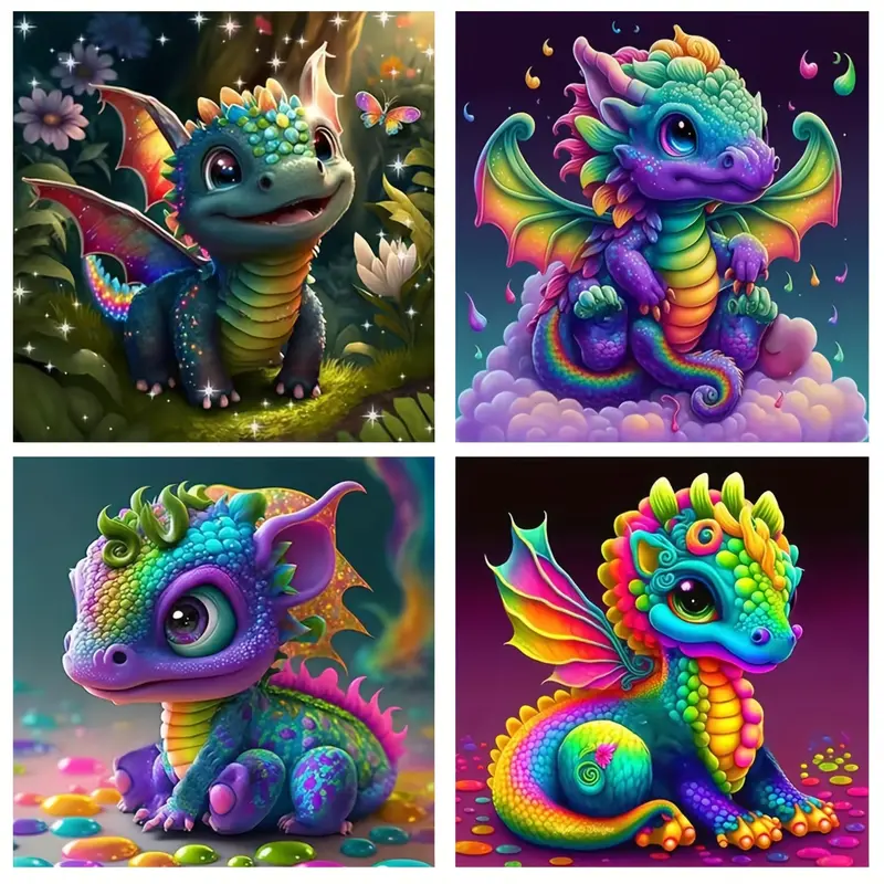 4-Piece Set Adorable Dragon Design 5D Full Round Diamond Painting Kits, 30x30cm(11.81x11.81 inch), Stress-Relief DIY Needlework with Sticky Film Guard, Vibrant Color-Matched Diamonds, Home Decor & Office Gifts for Adults