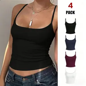 TFNOSIZE 4-Pack – Women’s solid-color adjustable thin-strap camisoles — casual, comfortable, minimalist, sexy backless tops; breathable athletic cropped tank tops suitable for everyday wear and vacation outfits;  apparel for all seasons Womenswear