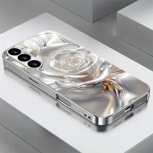 High-end fashion trend gorgeous metallic luster white rose pattern electroplated silver tempered glass new phone case for Samsung for Galaxy S25 24 23 22 21 20Plus, premium beautiful gorgeous, boys and girls TPU tempered glass case trendy protective cover