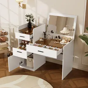 3-in-1 Vanity Desk Set, Makeup Vanity Flip-Top Mirror with Hidden Storage, Amber Glass Top, Customizable Drawer with Dividers & Multiple Storage Space-Saving for Room, White
