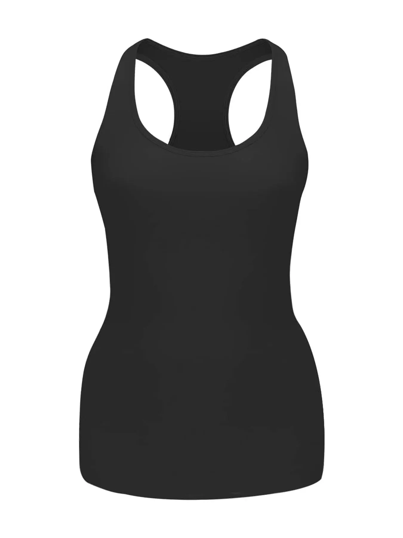 Women's Seamless Knit Long Tank Top, minimalist black solid racerback vest, breathable slim-fit design with tummy control and waist shaping, wide shoulder straps, suitable for yoga, sports and fitness all year round.