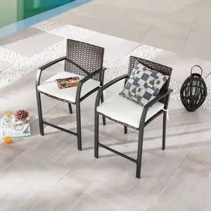 Set of 2 Top Space Wicker Outdoor Patio Bar Stools with Cushion, Metal Arm Leg Footrests & All Weather Frame (Brown)