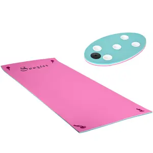 12.5'x5' Pink Lily Pad Floating Mat for Pool & Lake, 3-Layer Portable Water Mat Float with Drink Holders