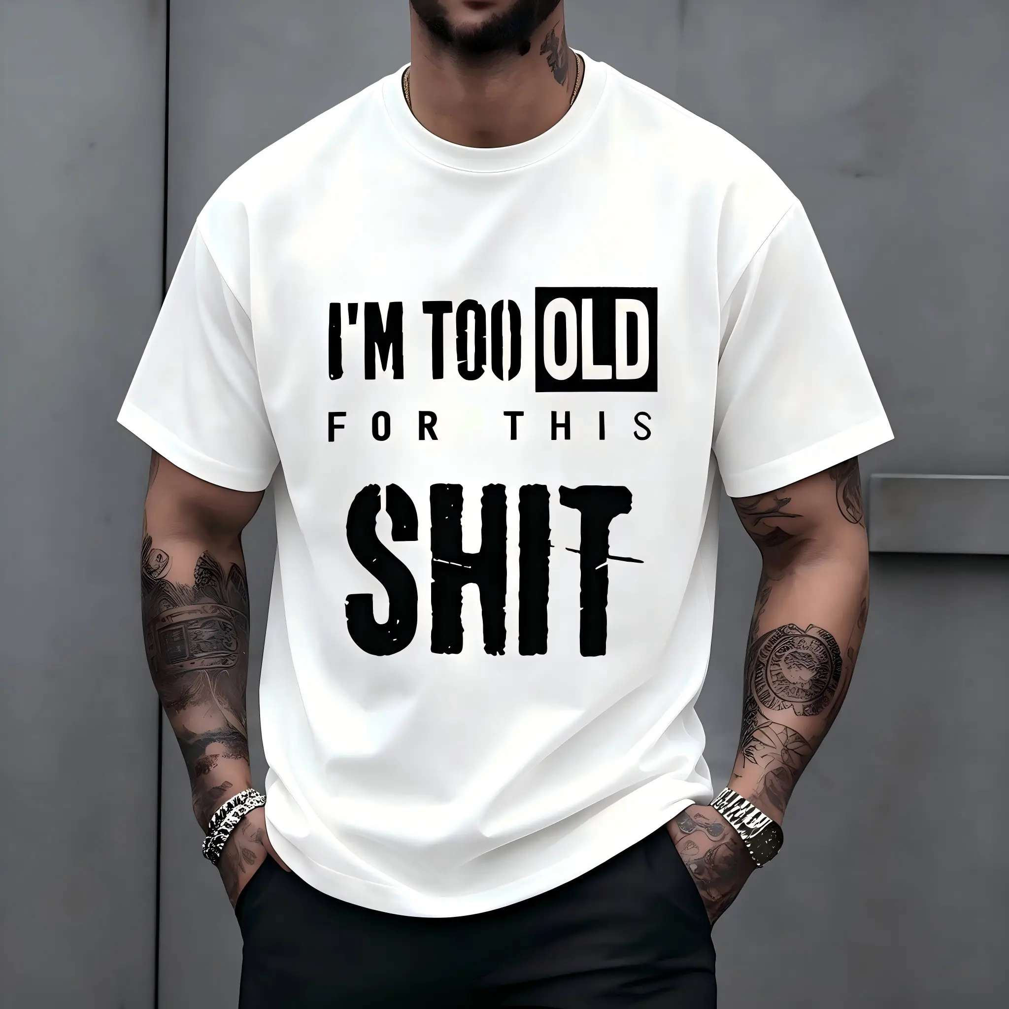 Men's Classic Short-Sleeve Crew Neck Cotton T-Shirt - "I'm Too Old For This Shit" Funny Sarcastic Graphic Top, Soft Breathable, Machine Washable, Street Style Gag Gift Casual Menswear, Shortsleeve, Tshirt