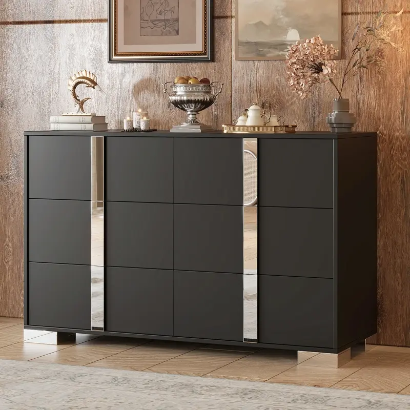 Elegant Dresser with 6 Drawers, Mirrored Storage Cabinet with Metal Handle, Space Saving Accent Cabinet for Home Office