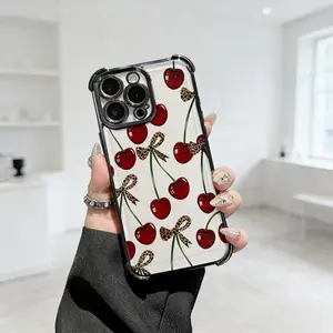 Cherry leopard print bow pattern four-corner shockproof transparent electroplated protective phone casefor iPhone Samsung Galaxy 17 Air 16Pro Max 15 14Plus 13 12 11XR XS S25 S24 S23,Simple and stylish camera Protection DurablePhone Case.HY65