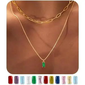 Dainty Gold Birthstone Necklaces for Women Non Tarnish, 14K Trendy Blue Green Cubic Zirconia Emerald Pendant Charm Gold Necklaces Birthday Gifts for Women Waterproof Jewelry