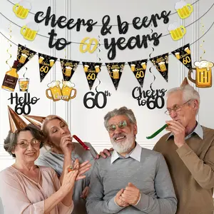 Rose Gold & Black Gold 60th Birthday Decorations Kit - Shiny Plastic Synthetic Polka Dot Tablecloth, 1966 History Poster, Photo Banner, Cheers to 60 Years Letter Banner, Number Cubes - Adult Party Supplies Gift Set