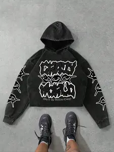 Unisex Street Style Crazyworld Letter & Eye Print Hoodie, Fitted Washed Cotton Long Sleeve Sweatshirt, Spring & Fall Casual Wear