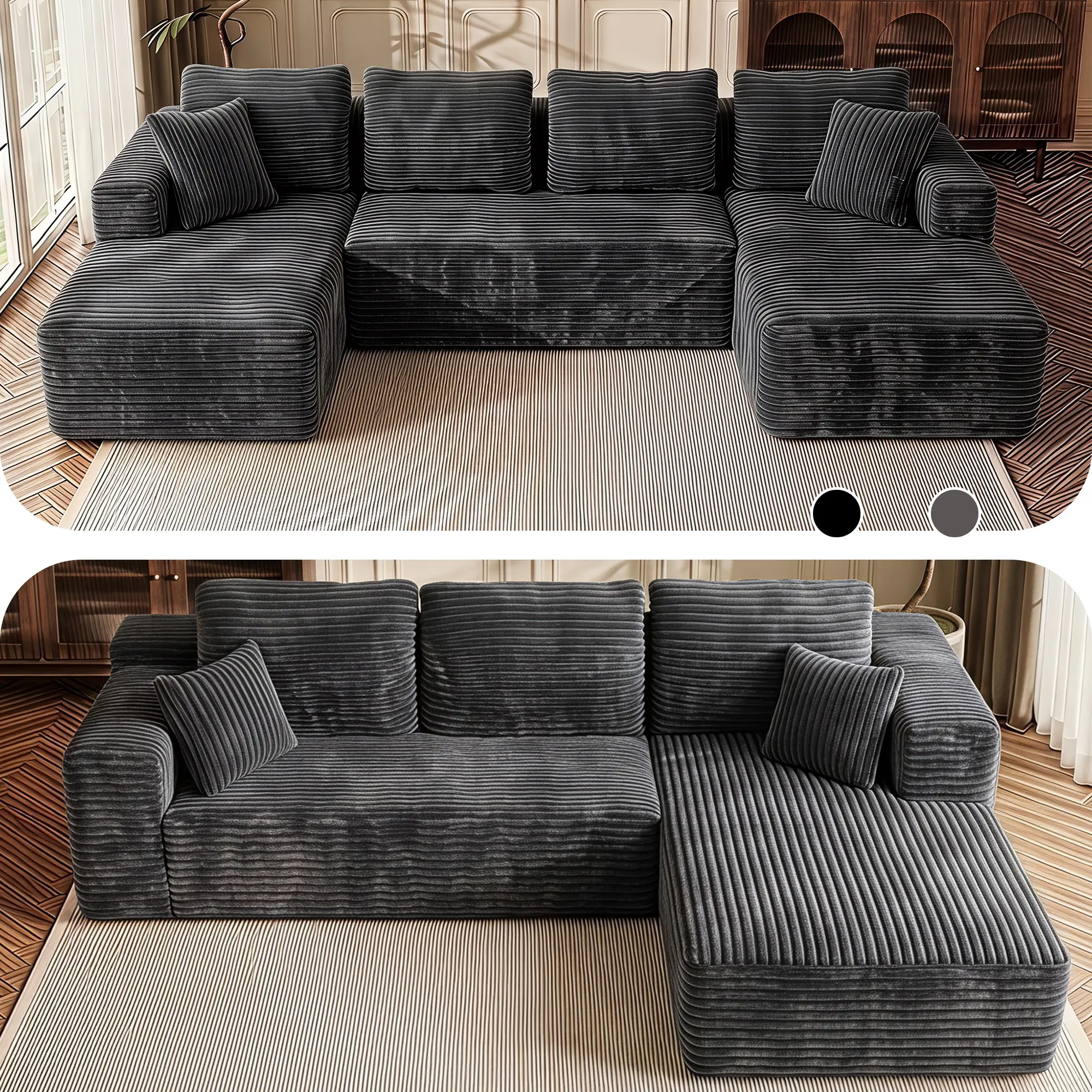 Boneless Couch for Living Room, L‑Shaped Modular Sectional Sofa Set, No Assembly Required, Plush Corduroy Upholstery, Dark Gray, for Living Room & Apartment