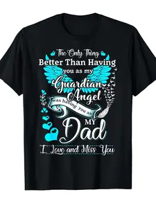 Men's My Dad is My Guardian Angel Missing My Dad in Heaven T-Shirt - Retro Memorial Shirt with Guardian Angel Wings & Heart Design, Comfortable Casual Round Neck Tee for Loss of Father, Machine Washable for all-Season Wear