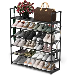6 Tiers Metal Shoe Rack,Adjustable Shoe Shelf Storage Organizer with Hooks,Stackable Boot & Shoe Storage,for Entryway,Hallway,Closet,Black