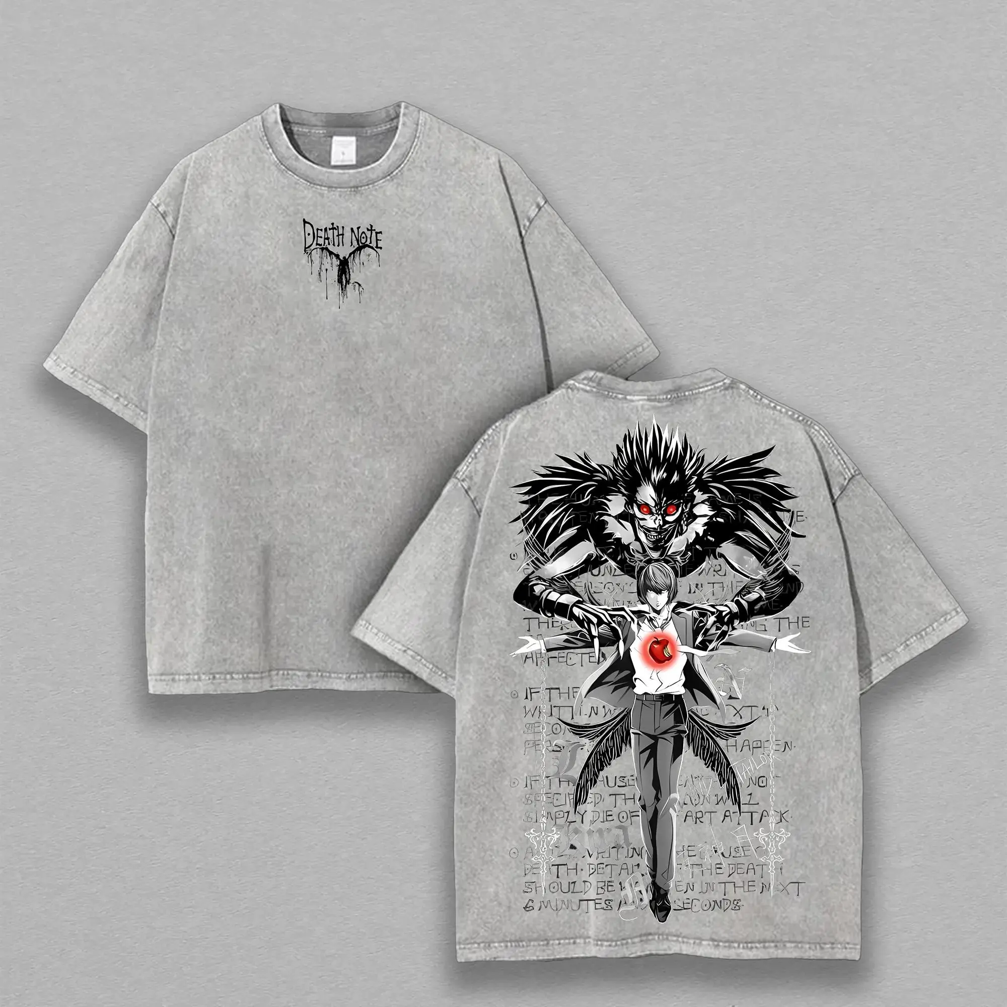 Men's Soft Classic Retro Death Note Anime Ryuk & Light Yagami (Kira) Double-Sided Print Oversized Cotton Shortsleeve T-Shirt, Vintage Washed Rib Streetwear-Ready Tee for Casual Days, M Apparel, 7-Day Return/Exchange, Free Expedited Shipping