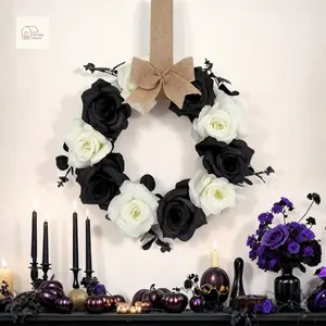 Halloween Wreath Spooky Black and White Rose Wreath with Burlap Bow for Front Door
