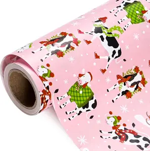Cow Christmas Wrapping Paper , Mini Roll ,  30 x 36 to 30x180 inch , Pink Winter Christmas Cow Wrapping Paper for Xmas Holiday, Party Celebration