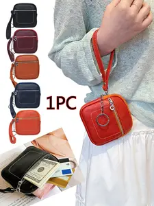 Square Leather Mini Card Wallet Coin Purse, Zipper Lock Design, Fashion Money Bag, Unisex Perfect Gift, All Seasons Casual Style