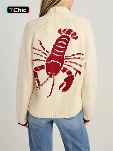 Women's Lobster Pattern Button Front Longsleeves Sweater Cardigan, Lady Casual Long Sleeve Jumper for Fall & Winter, Women's Knitwear for Daily Wear, Casual Chic Knitwear, Womenswear