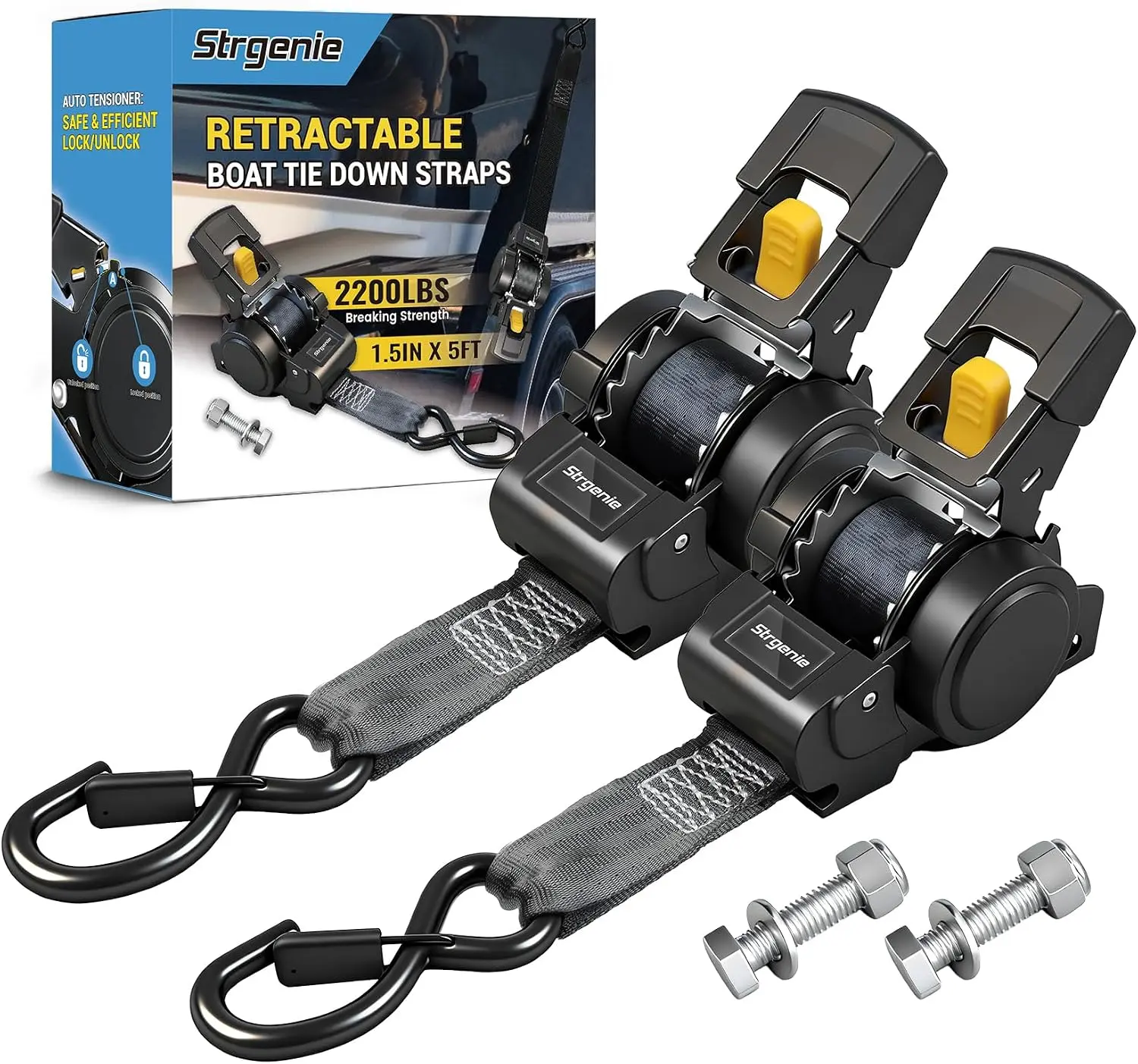 1.5IN x 5FT Bolt On Retractable Ratchet Tie Down Straps | Heavy Duty Mountable Transom Straps for Boat, Jet Ski, Snowmobile, ATV, UTV, Trailer Hauling, Outdoor Vehicle Transport