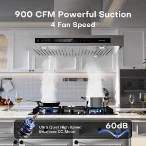 BRANO 36 Inch Island Range Hood，900 CFM 4 Speeds，Voice/Gesture/Touch Control Kitchen Hood，Adjustable Lights Stainless Steel Vent Hood