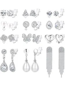 Gold Silver Clip on Earrings for Women Trendy Pearl Drop Dangle Non Pierced Earrings Pack Earring Stacking Set Butterfly Heart CZ Rhinestone Crystal Simulated Diamond Long Chandelier Clip on Stud Earrings Set
