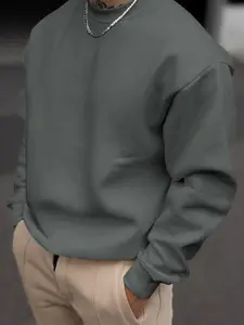 Men's Loose Solid Drop Shoulder Round Neck Sweatshirt, Casual Minimalist Long Sleeve Crew Neck Pullover for Spring & Fall, Men's Clothes for Daily Wear