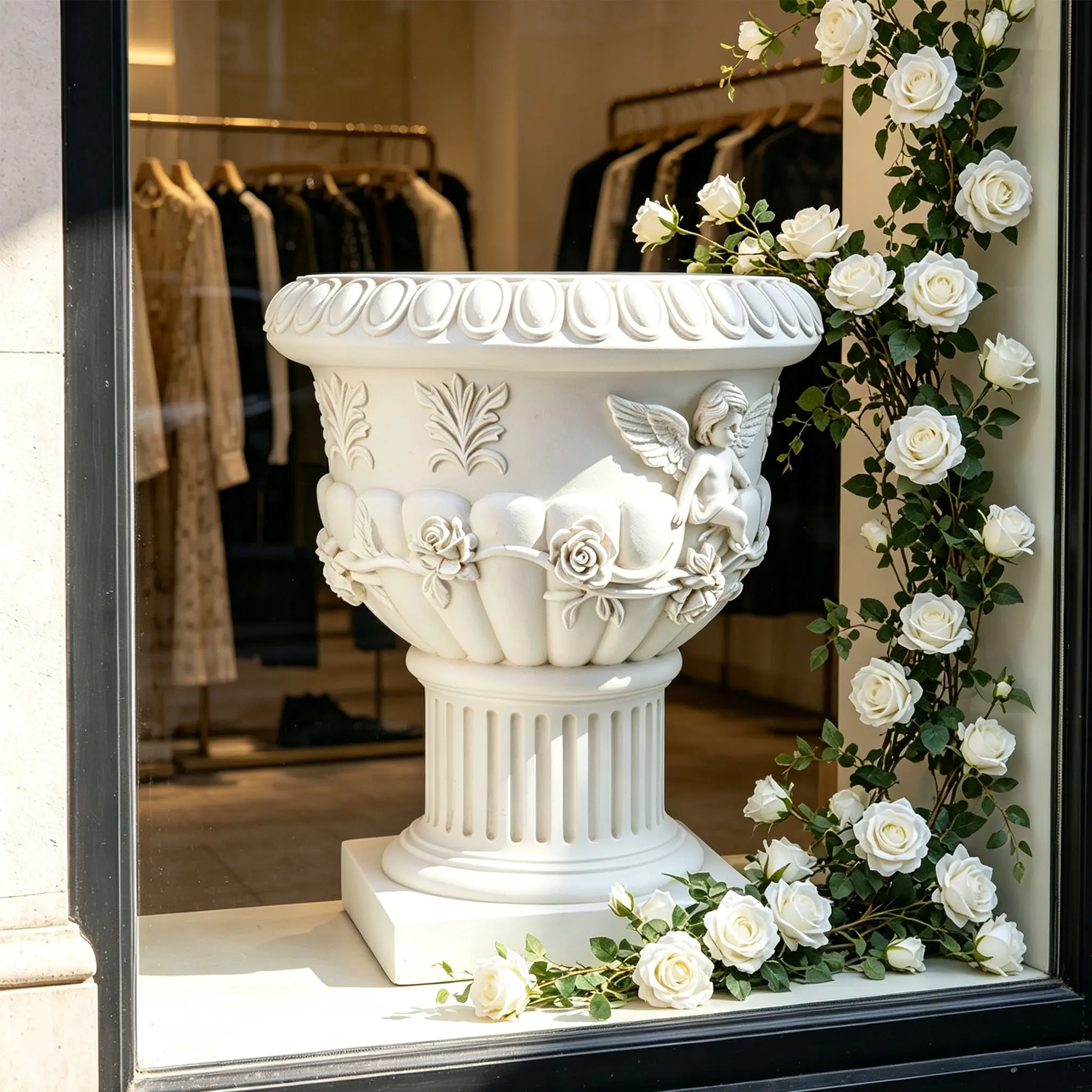 Classic Cherub Relief Pedestal Planter White Roman Sculpture Flower Vase 13.7 Inch Luxury Vintage Angel Pot for Outdoor Weddings Home Decor