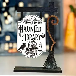 Halloween Ghost Library Decor, Gothic Wood Sign with Skull, Crow and Witch Hat Design, Realistic Wooden Tabletop Accent for Readers Gift, Novelty Decor, Desk Signage Decoration