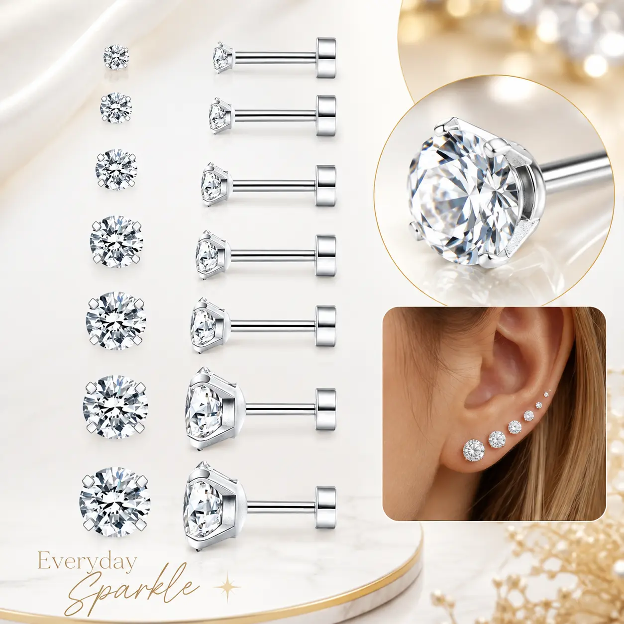NOVA Minimalist Fashion Piercing Jewelry, 12pcs 6-Pair Unisex Multi-Size Round Synthetic Diamond Flat Back CZ Stud Earrings, 20G Hypoallergenic Nickel-Free Stainless Steel Threaded Screw, for Lobe/Helix Piercings (2mm-8mm) - Daily Wear