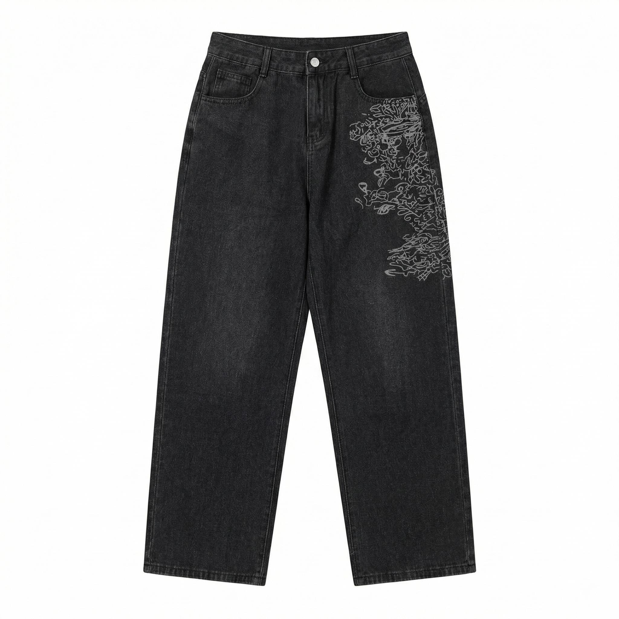 Women's Baggy Wide-Leg Jeans Comfortable Relaxed-Fit Washed Black Denim Pants with Y2K Cybersigilism Gothic and Vintage Grunge Embroidery Streetwear