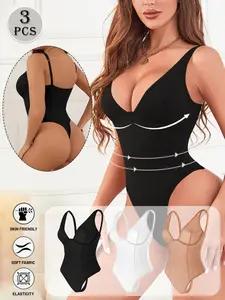 3 Packs Women's Deep V Neck Thong Shapewear Bodysuit Tummy Control Butt Lifter Push Up Breast Seamless Soft Skin-Friendly Multi-Color Daily Wear Body Shaper Underwear