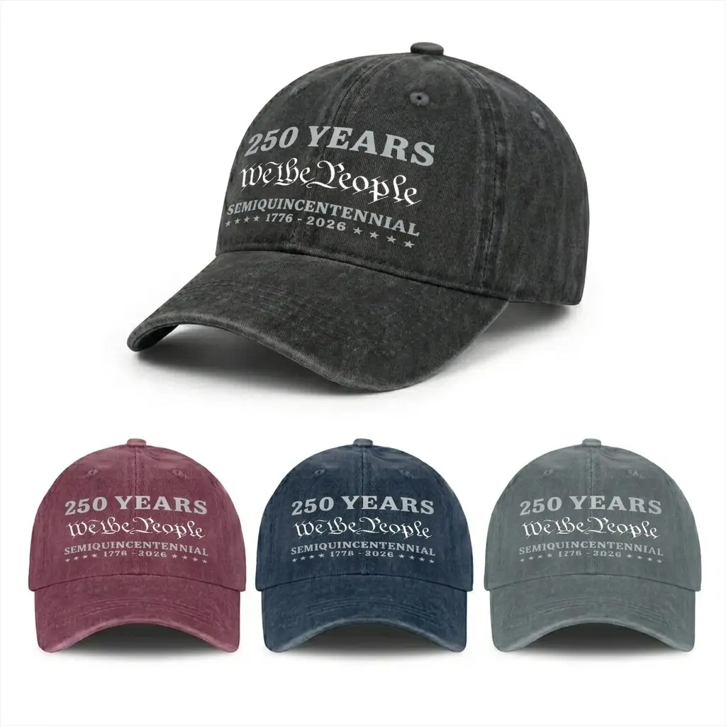 Unisex Vintage Cotton Denim Baseball Cap - 58-61cm Adjustable Casual Hat with Buckle, Classic Design, Distressed 250th Anniversary Print, Ventilated Eyes, Single Layer for 2026 July 4th Independence Day