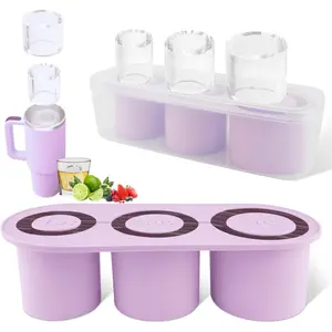 Ice Cube Tray For Tumbler Cup, 30-40 oz Tumbler, 3pcs Silicone Ice Cube Molds With Lid and Bin For Chilling Drinks Like Juice, Coffee (Purple, 40 oz)