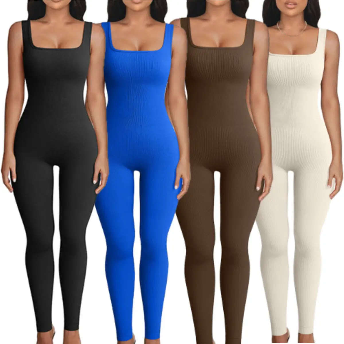 Women's Jumpsuits Seamless Ribbed Square Neck One Piece Yoga Workout Sleeveless Rompers Sexy Tank Top