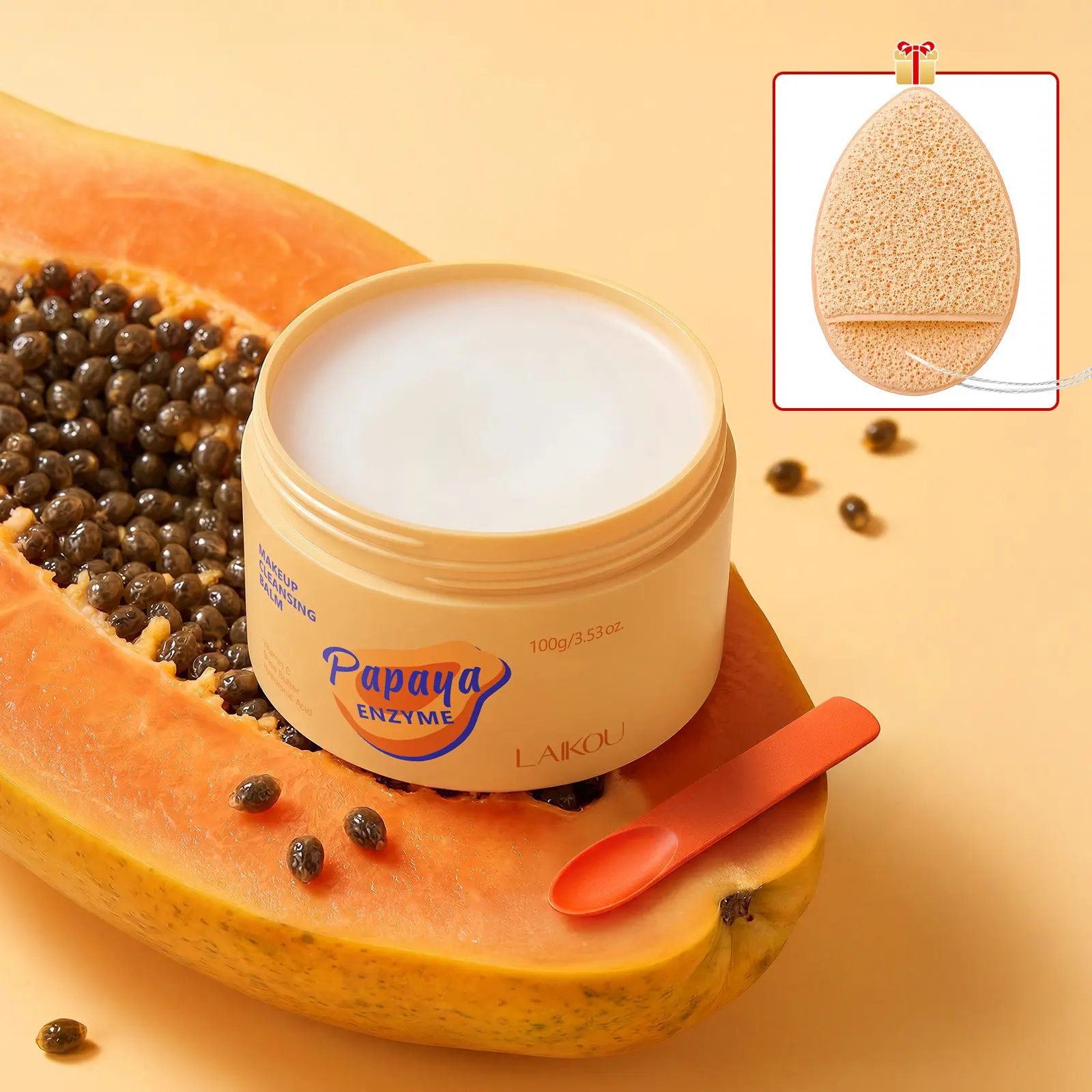 LAIKOU Papaya Enzyme Cleansing Balm, Facial Cleansing Balm, Gentle Makeup Remover, Cleanser, Deep Cleansing, Moisturizing, Soothing, Non-Greasy, Suitable for Face & Eye Makeup Removal Daily Skin Care