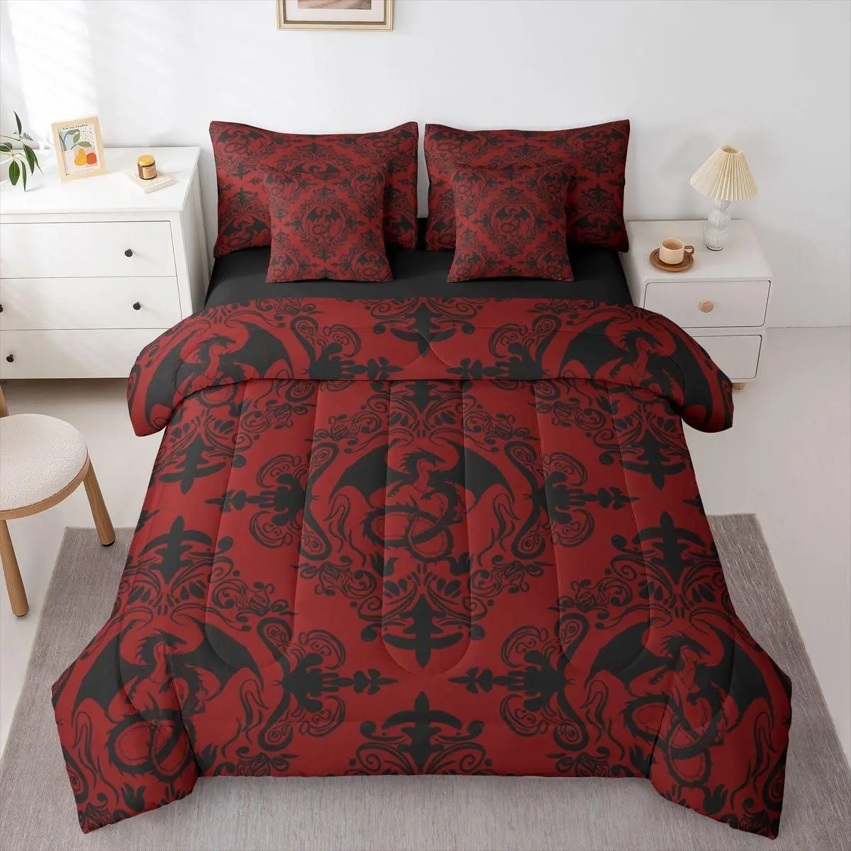 Red Black Dragon Comforter Set with Sheets 7 Piece Jacquard Bed in a Bag Kids Boys Girls Damask Bedding Set Vintage Damask Floral Bedroom Decor Soft Lightweight Microfiber