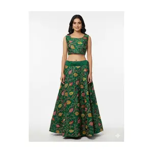 #K58 Stunning Emerald Green Lehenga Choli (Unstitched sleeves attached) Set with Vibrant Floral Embroidery