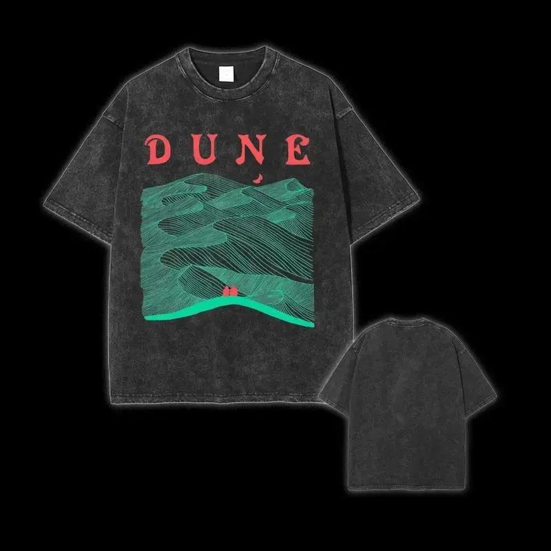 Print Culture Lab Women's Loose Short-Sleeve Print T-Shirt - Dune Arrakis Landscape Paul & Chani Graphic, Lightweight Acid-Washed Cotton Streetwear, Flat Fit for Day/Party Wear, Ideal Thanksgiving Gift for Friends
