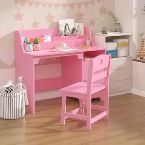 Kids Desk and Chair Set, Wooden Children Study Table with Hutch, Storage Cabinet, Student Writing Desk Computer Workstation, Study Desk for Boys Girls, Pink