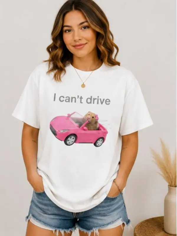 Viral Sad Hamster Meme Shirt - I Can't Drive Funny Hamster Graphic Tee, Gildan 5000 Crying Hamster Apparel, Popular Viral Meme T-Shirt