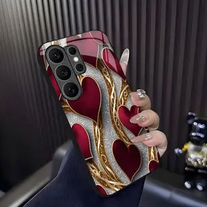 Luxurious romantic heart case for Galaxy S26 Ultra, elegant gold trim love pattern cover, best gift for her, anniversary, aesthetic phone accessory — 975