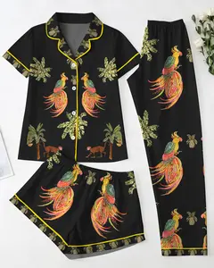 Tropical Bird Monkey Print Pajama Set – Black Satin Exotic Loungewear