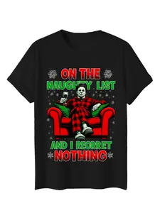 Christmas horror IP Michael's "Naughty List" spoof short sleeved Fitted T-shirt, men's festive holiday casual graphic tee, perfect gift for horror IP enthusiasts and Christmas pranksters
