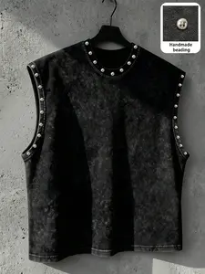Washed Black Studded Sleeveless Cropped Tank Top, Gothic Punk Streetwear, Suitable for Everyday Wear and Alternative Style, Unisex